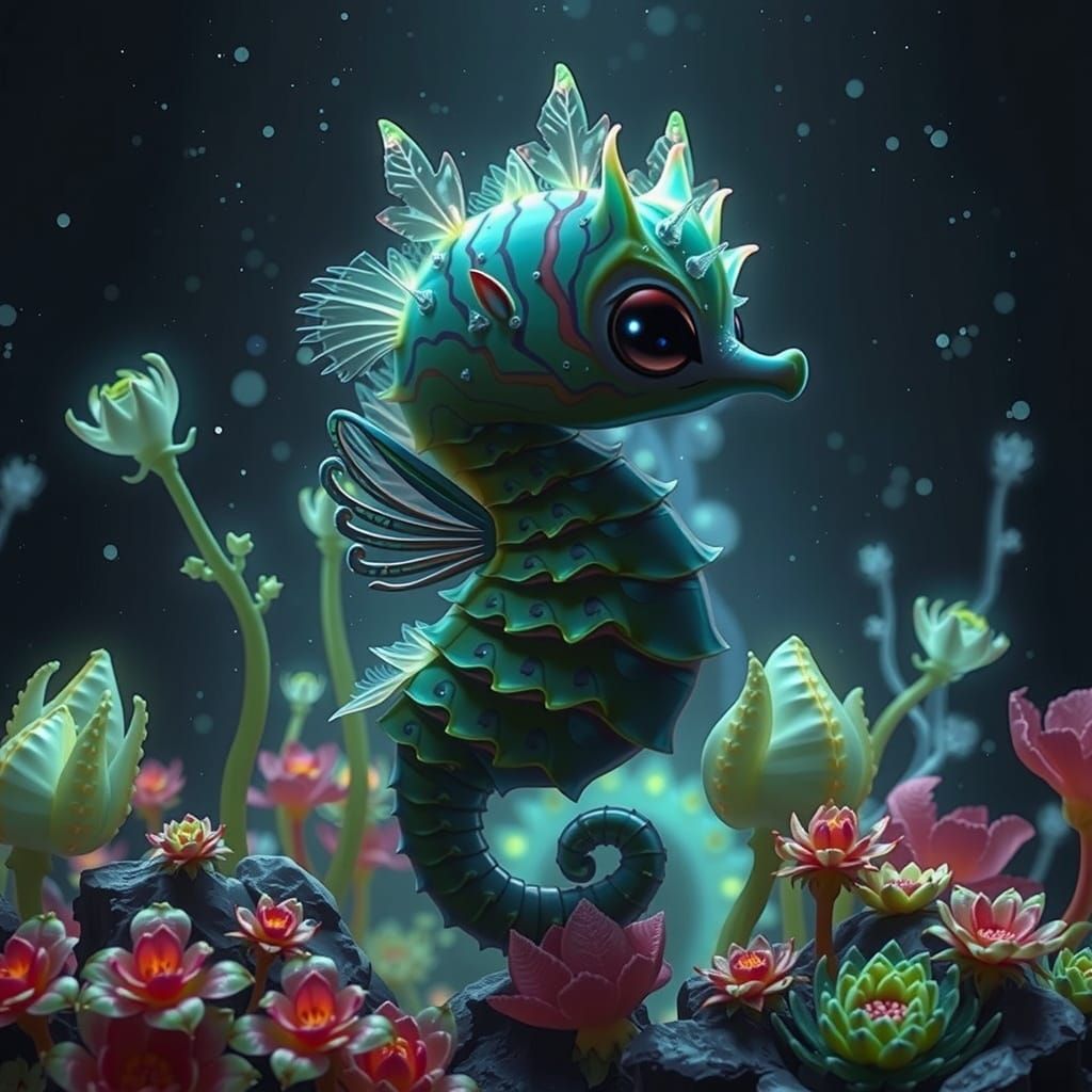 Iridescent Seahorse Creature in Bioluminescent Crystal Cave