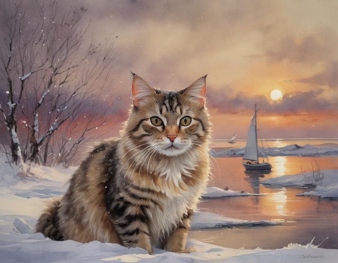 Tabby Cat in Winter Landscape Watercolor Portrait