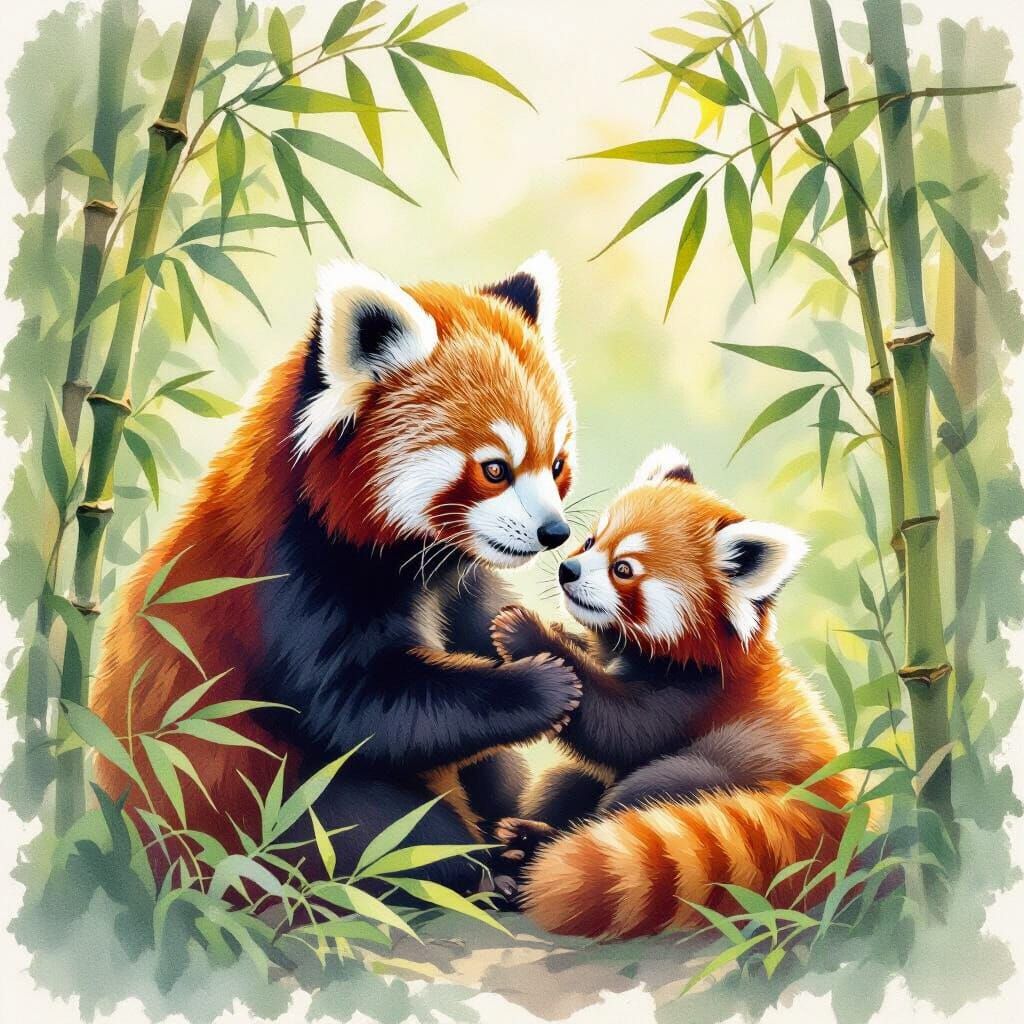 Mother Red Panda Plays with Cub in Bamboo Forest