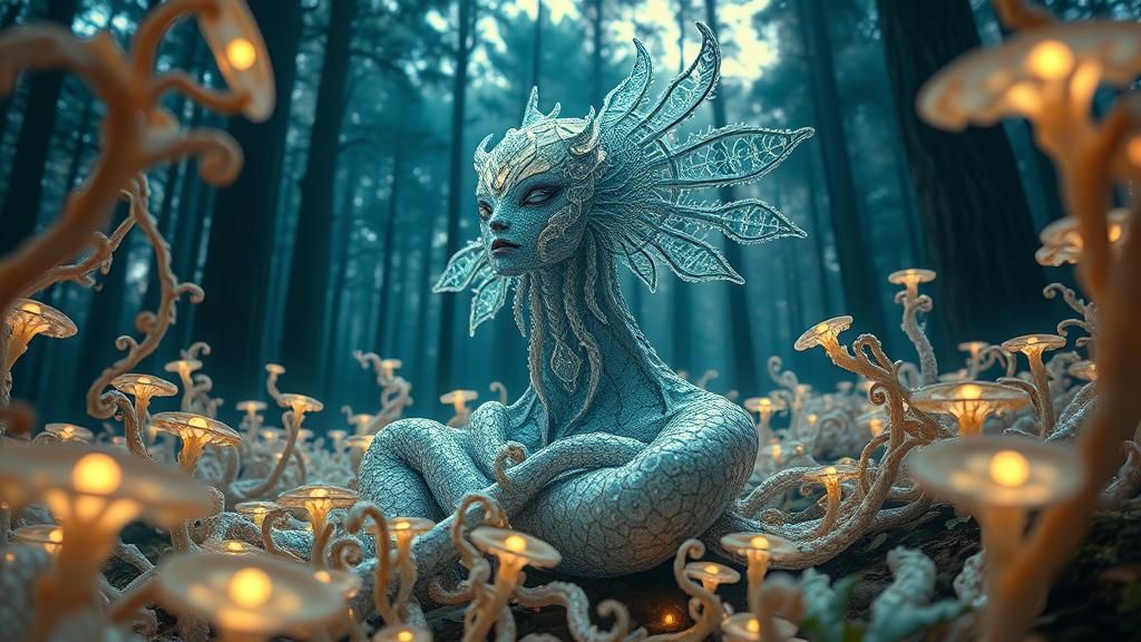 Ethereal Hybrid Creature in Mycelium Network, Art Nouveau