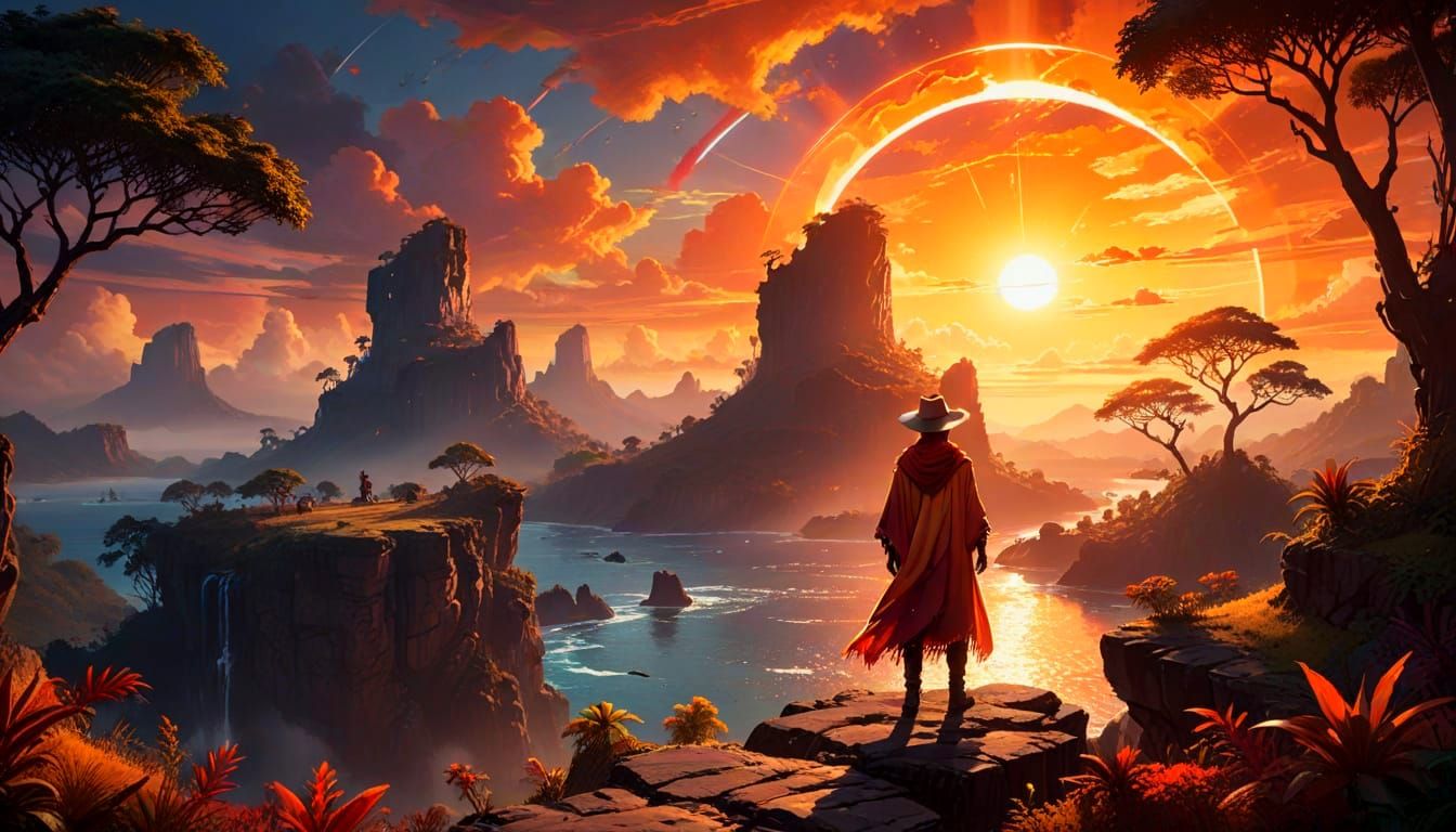 Solarpunk Sunset Over Tropical Landscape