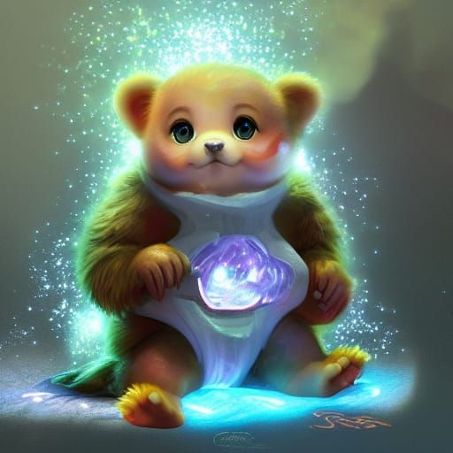 Baby Fire Bear with Crystalline Sparkles, Cartoon Art