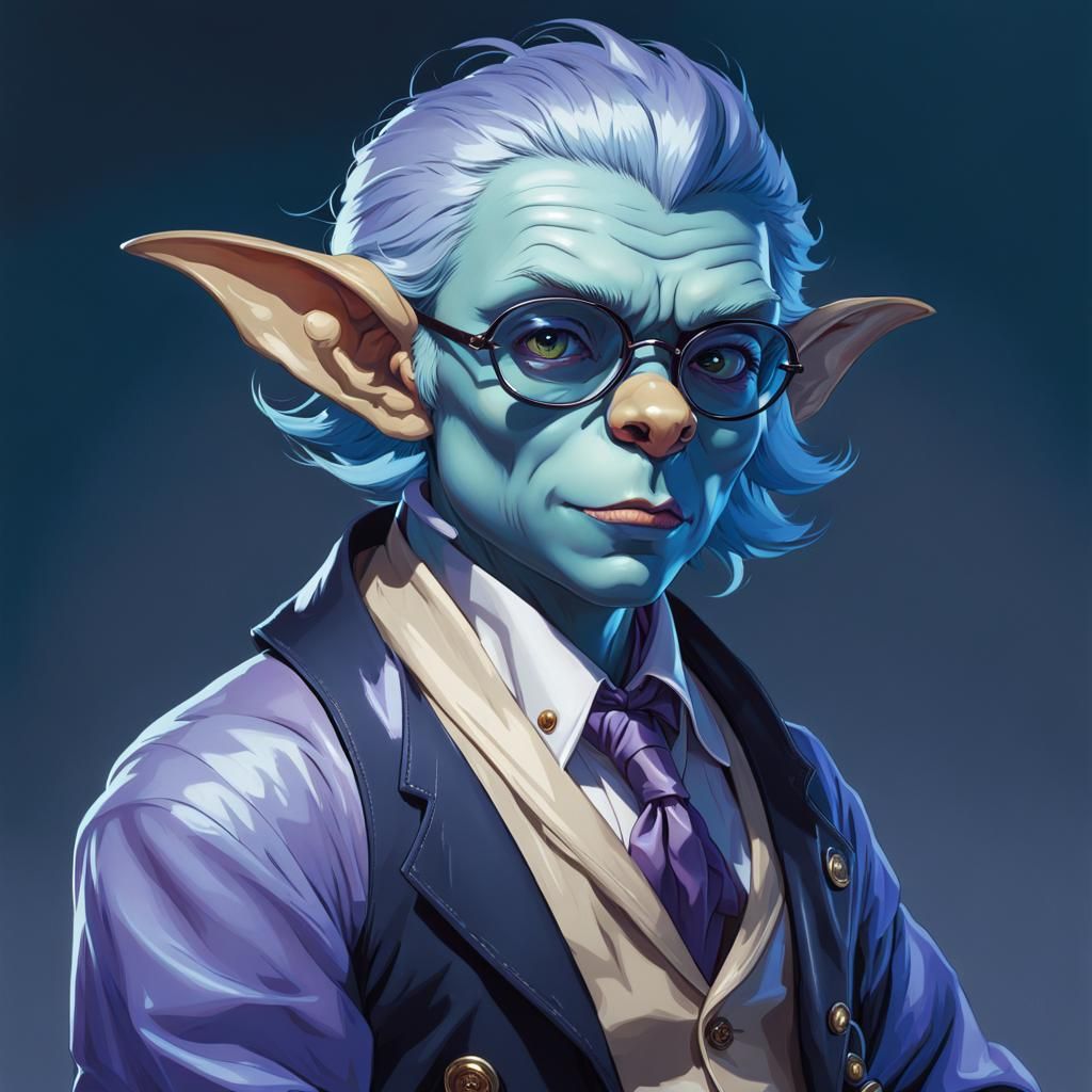 Blue Goblin Scientist Portrait in Art Nouveau Style