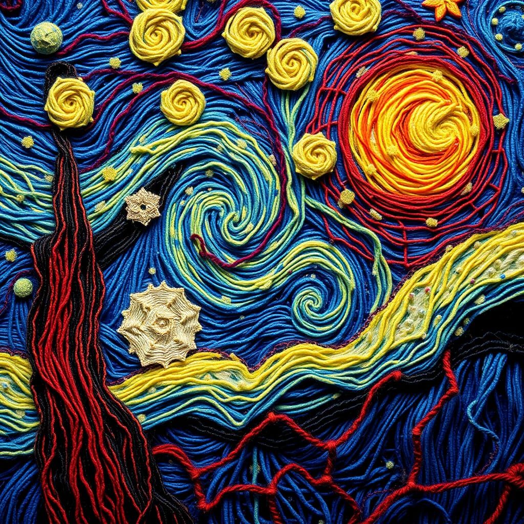 Vibrant Starry Night in Textile Art Style