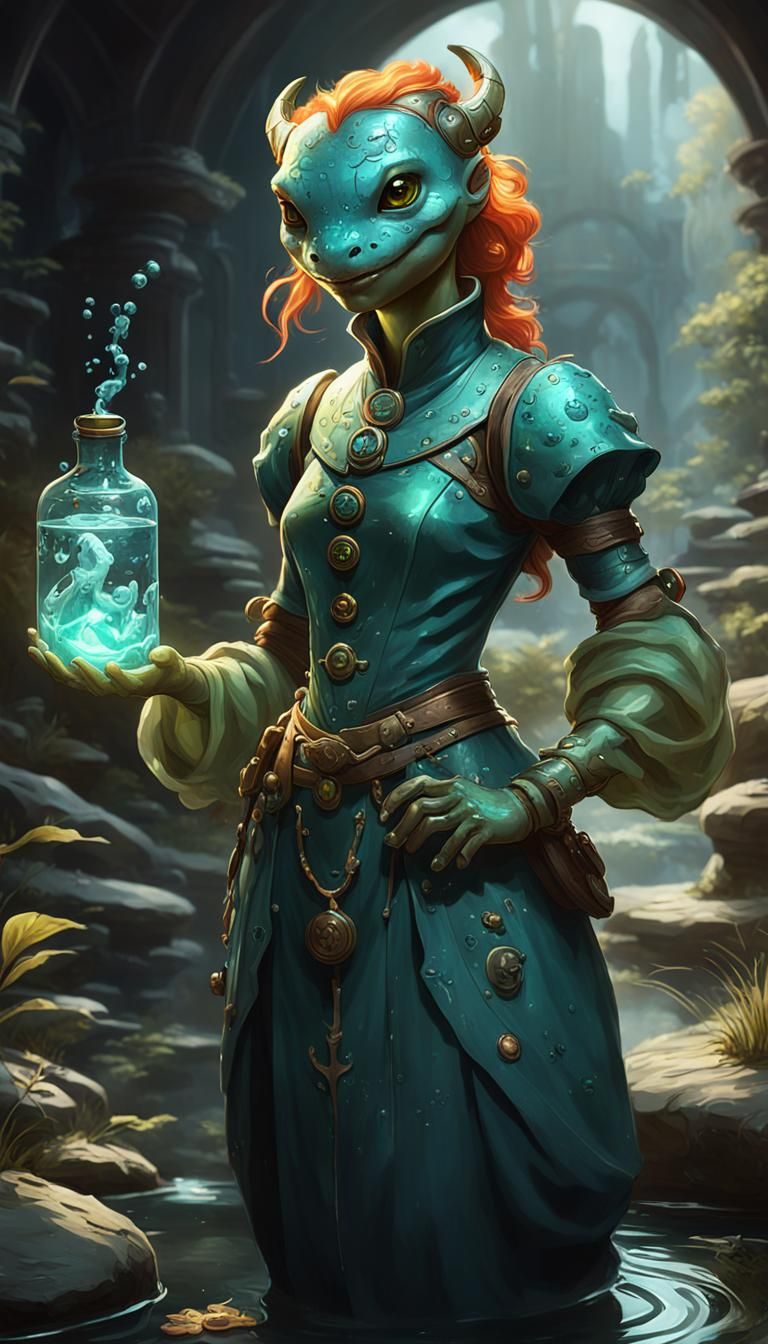 Anthropomorphic Salamander Healer in Detailed Pond Setting