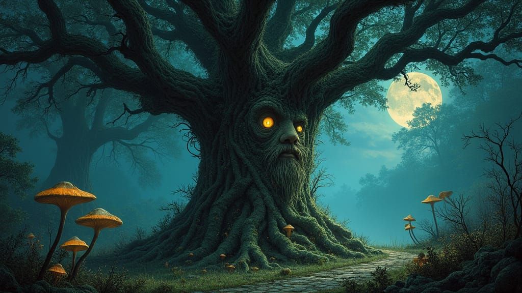 Mystical Tree in Moonlit Forest, Etching Style