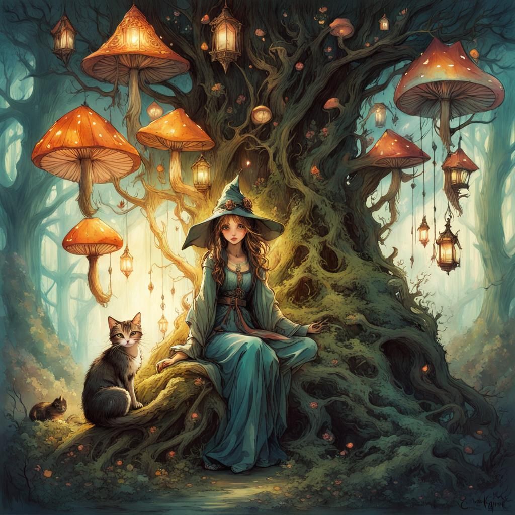 Enchanting Witch Girl and Cat by Magical Tree