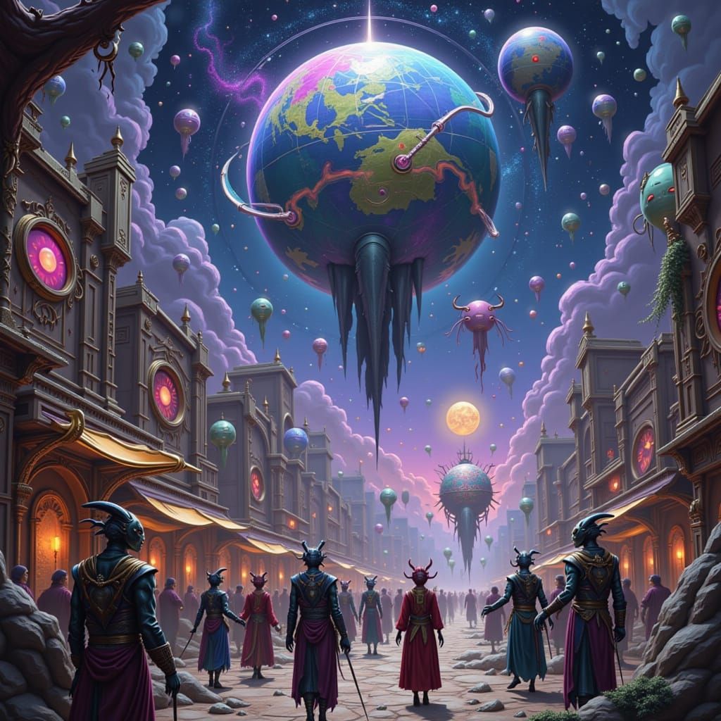 Floating Bazaar in Gas Giant Rings, Sci-Fi Art