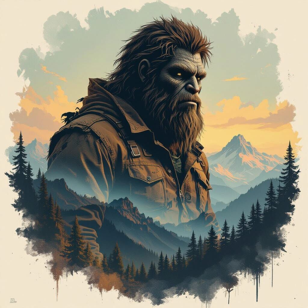 Sasquatch Portrait Over Mountain Landscape in Double Exposur...
