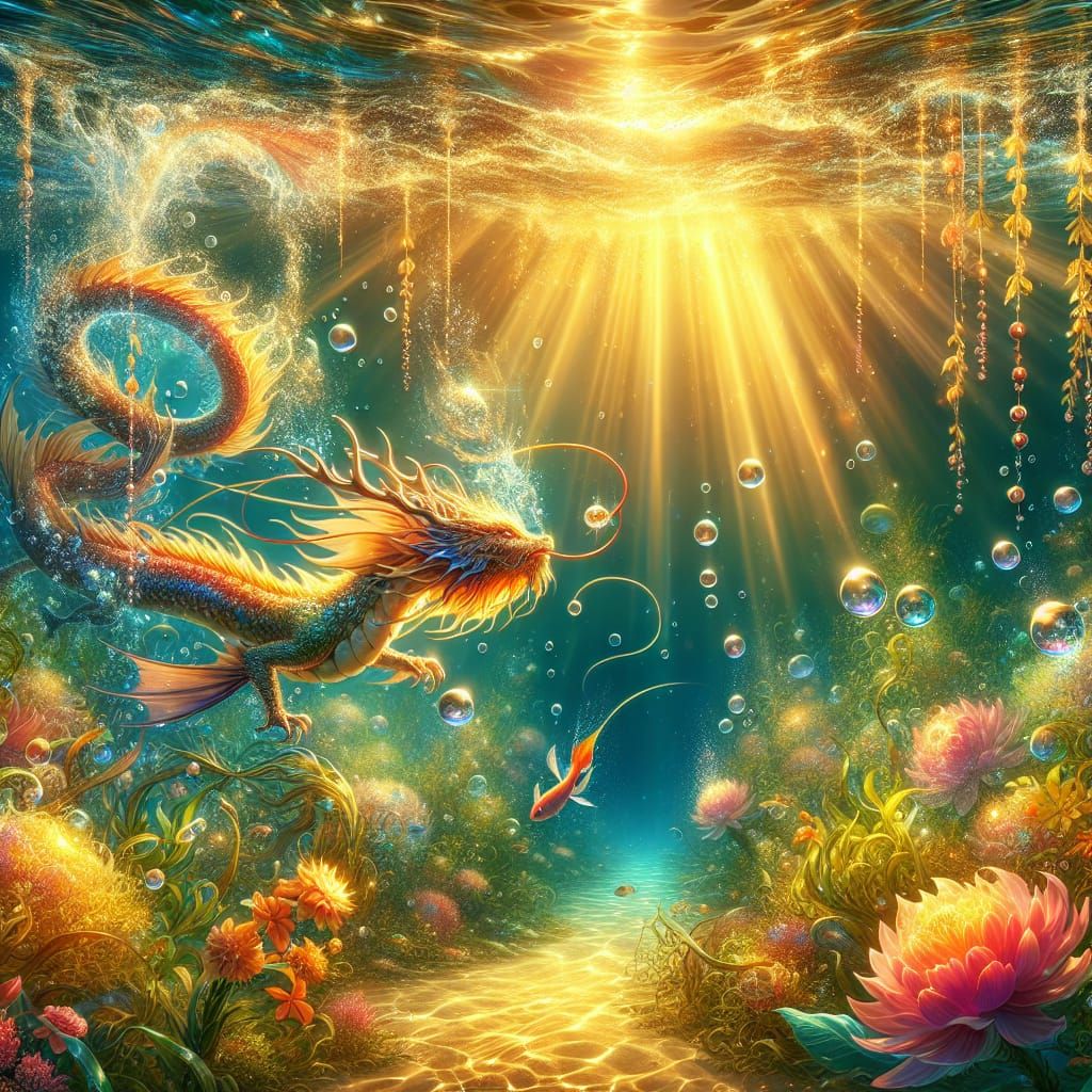 Vibrant Water Dragon in Glowing Underwater Scene