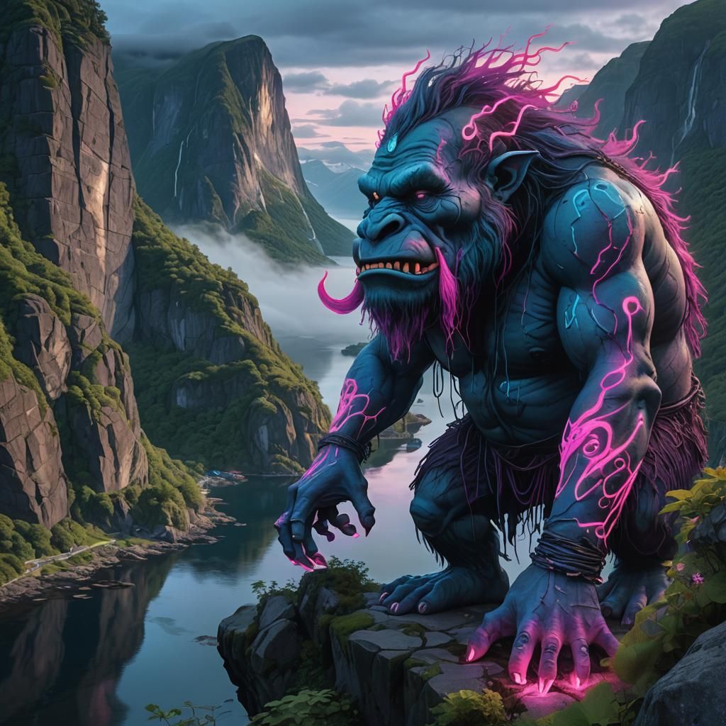 Neon Graffiti Troll at Norwegian Fjord, 8K