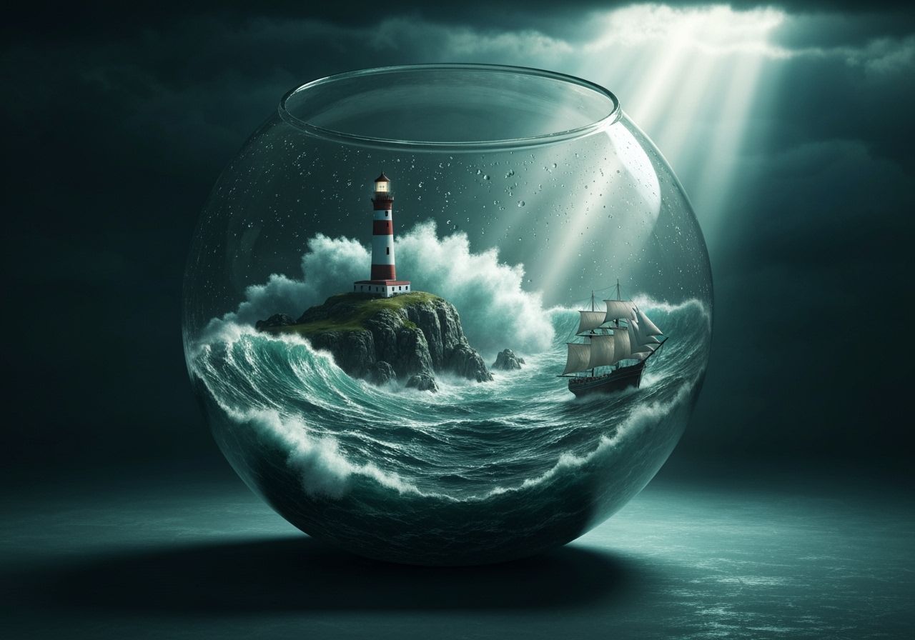 Giant Glass Fishbowl Over Stormy Sea: Surreal Concept Art