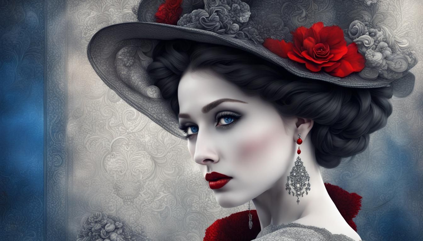 Gothic Woman with Blue Eyes in Mixed Media Style