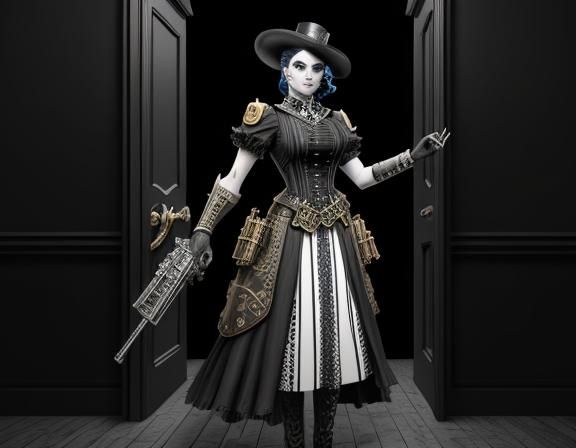 Steampunk Woman in Doorway, Lichtenstein Style Line Art