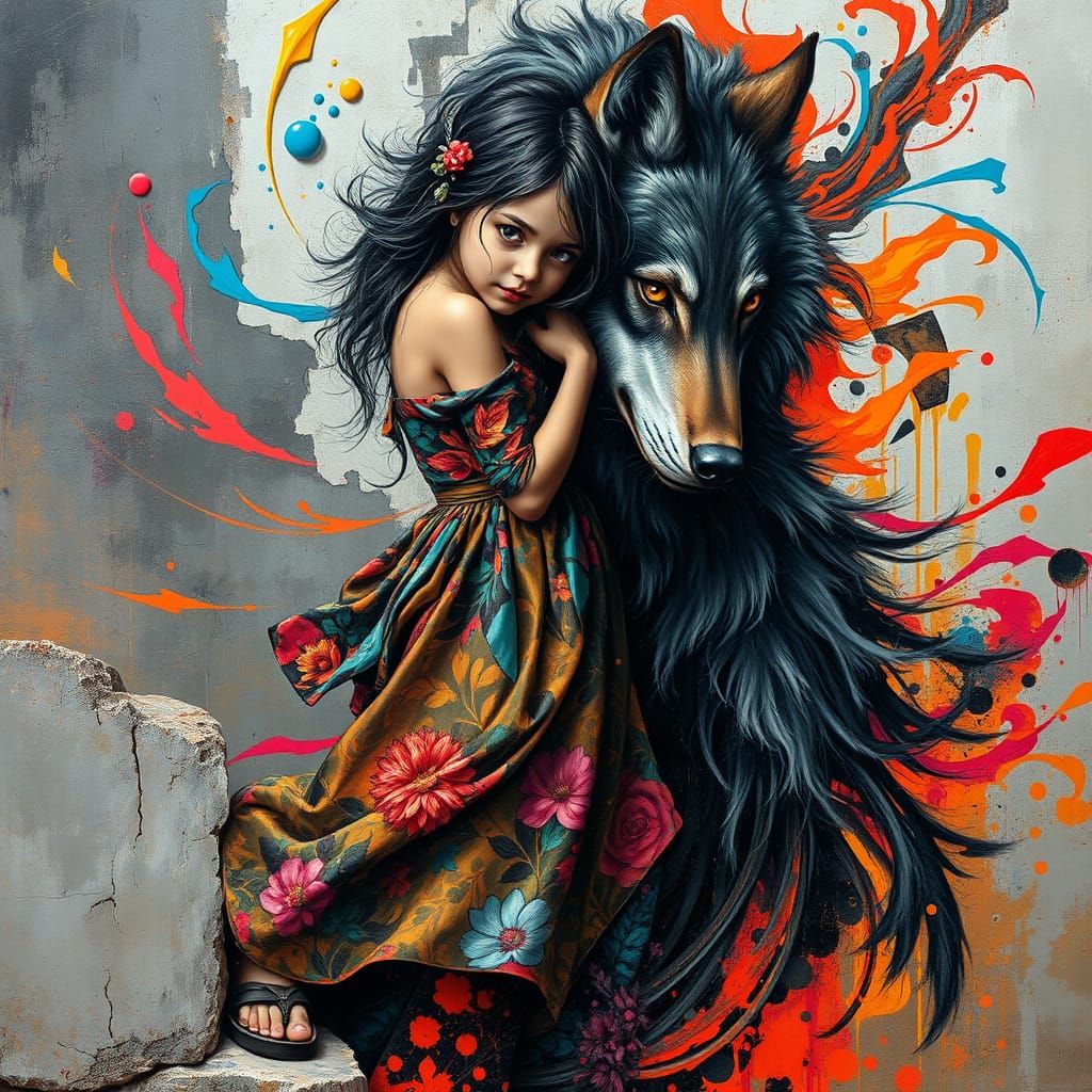 Girl Embracing a Majestic Wolf in a Vibrant Urban Scene