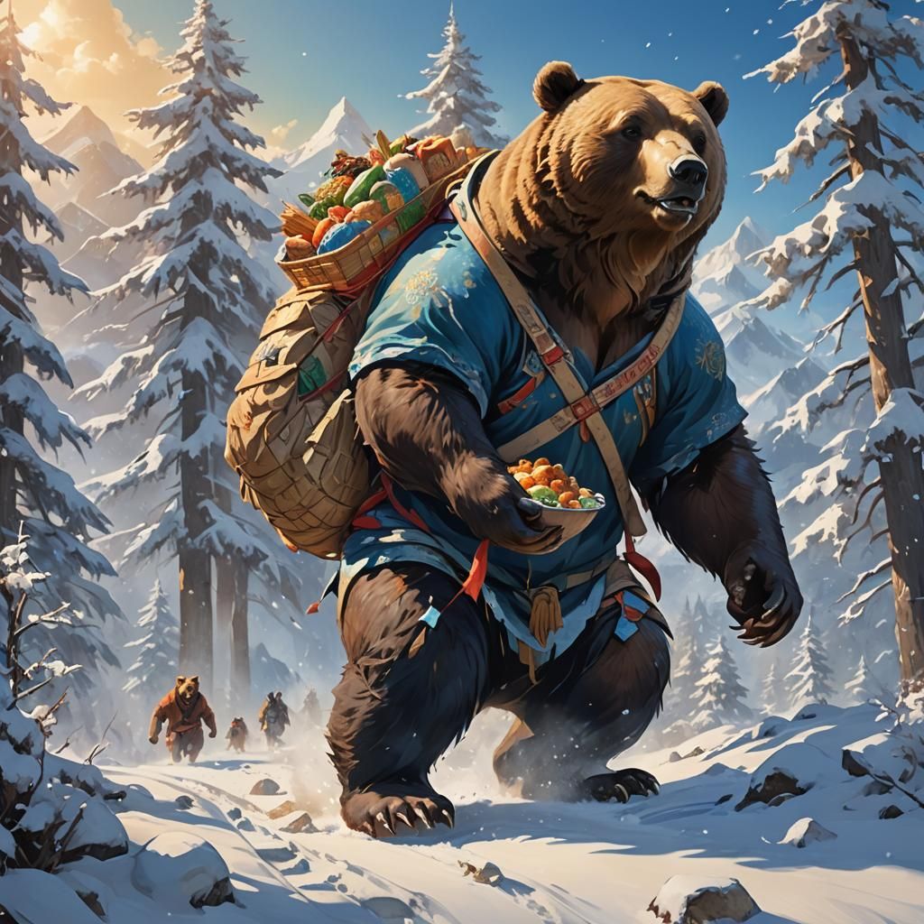 Asian Bear Descends Snowy Mountain: Fantasy Matte Painting
