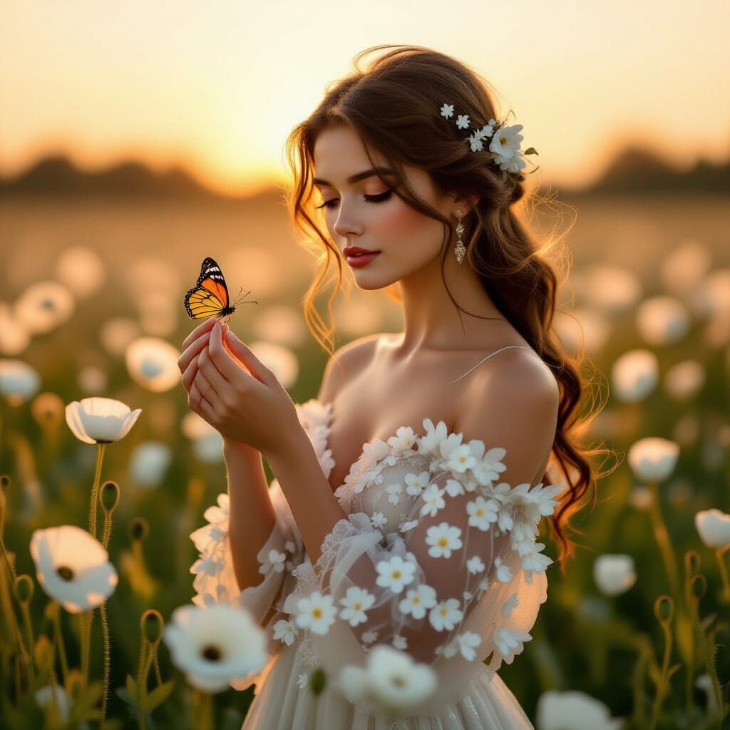Woman in Poppy Field Holding Butterfly, Art Nouveau Style