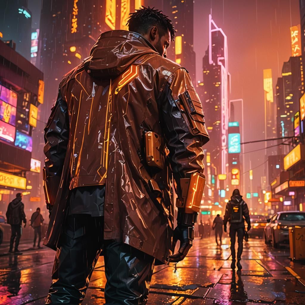 Hero in Neon Noir Cyberpunk Cityscape