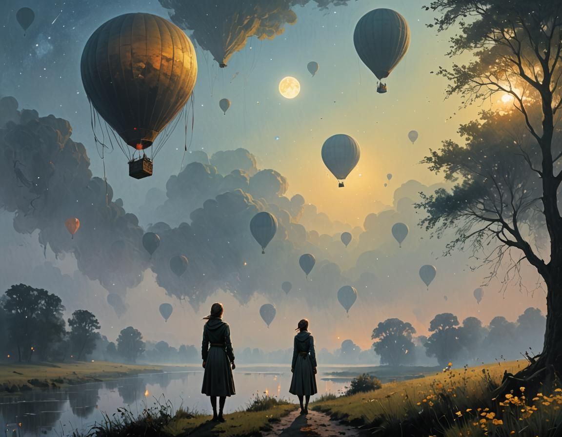 Girl Watching Balloon in Dreamy Pointillist Landscape