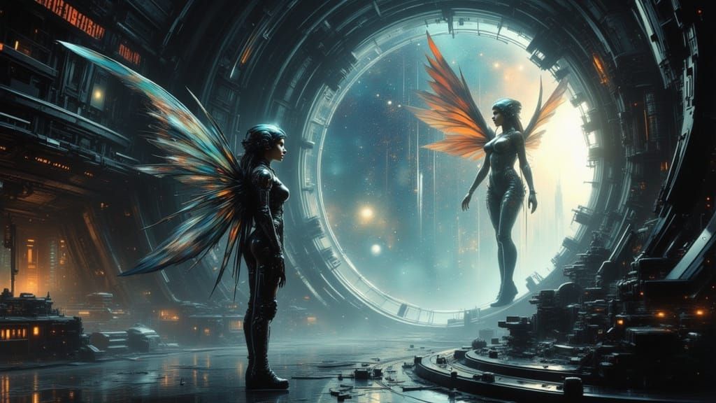 Cyborg Fairy Astronaut in Cyberpunk Space Odyssey
