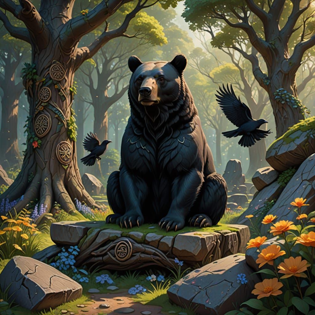 Black Bear on Runestones in Mystical Forest