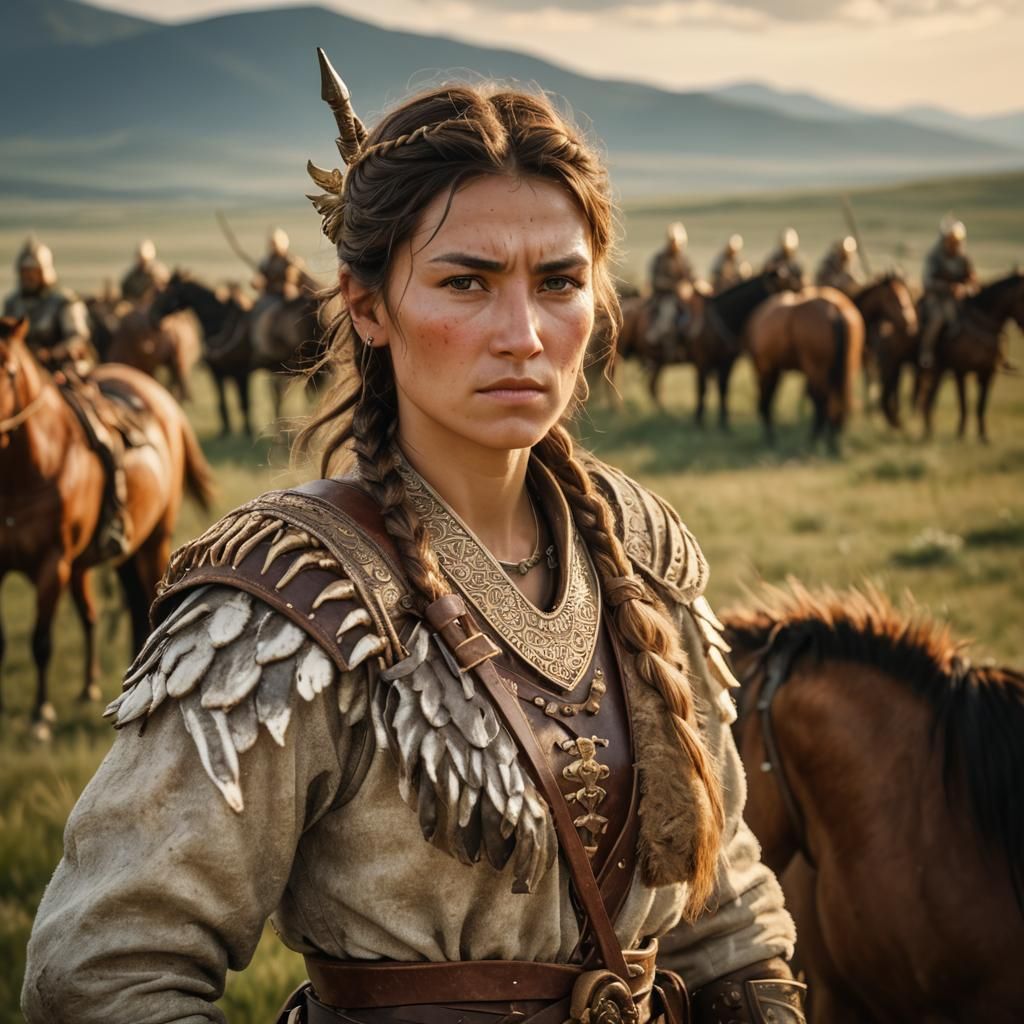 Scythian Warrior Woman with Bow on Steppe