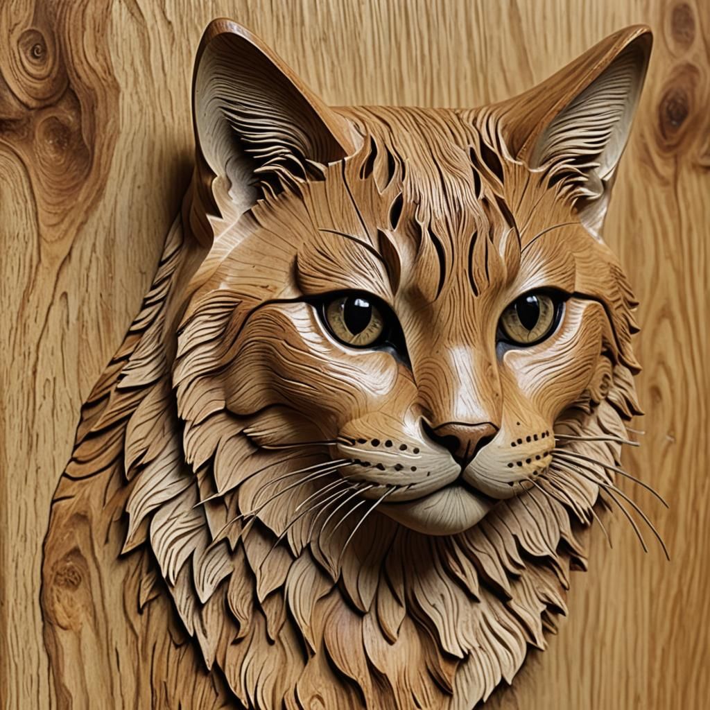 Detailed Cedar Wood Carved Cat Sculpture