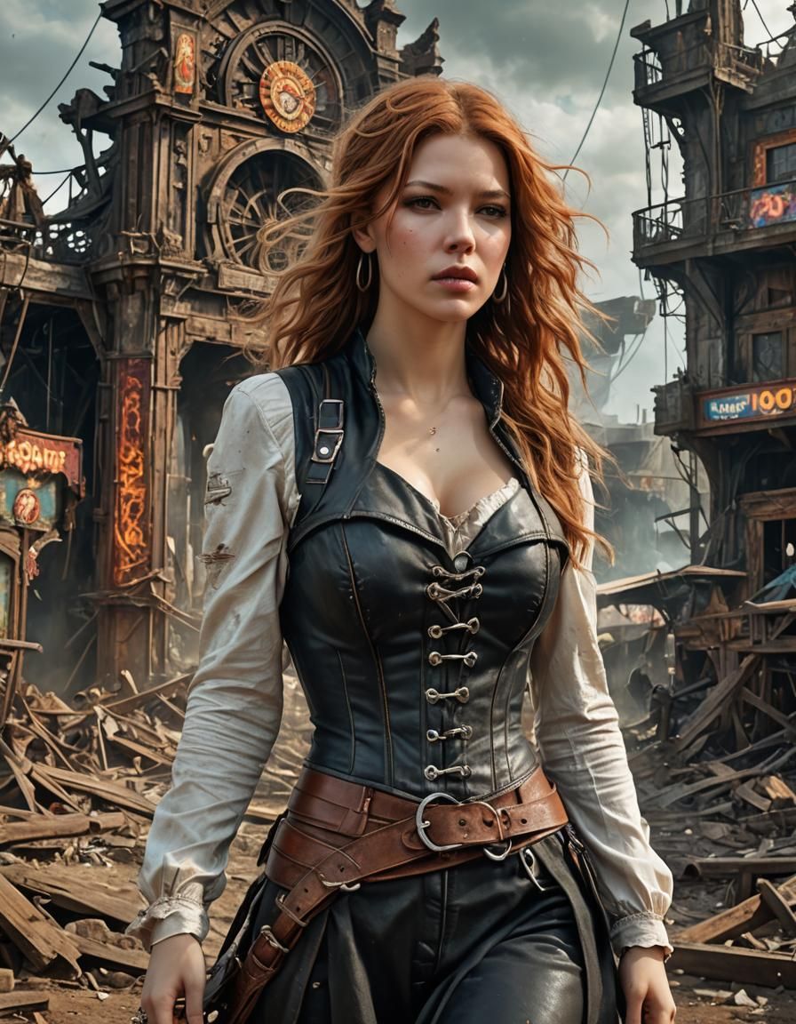 Auburn Haired Adventurer in Post-Apocalyptic Funfair