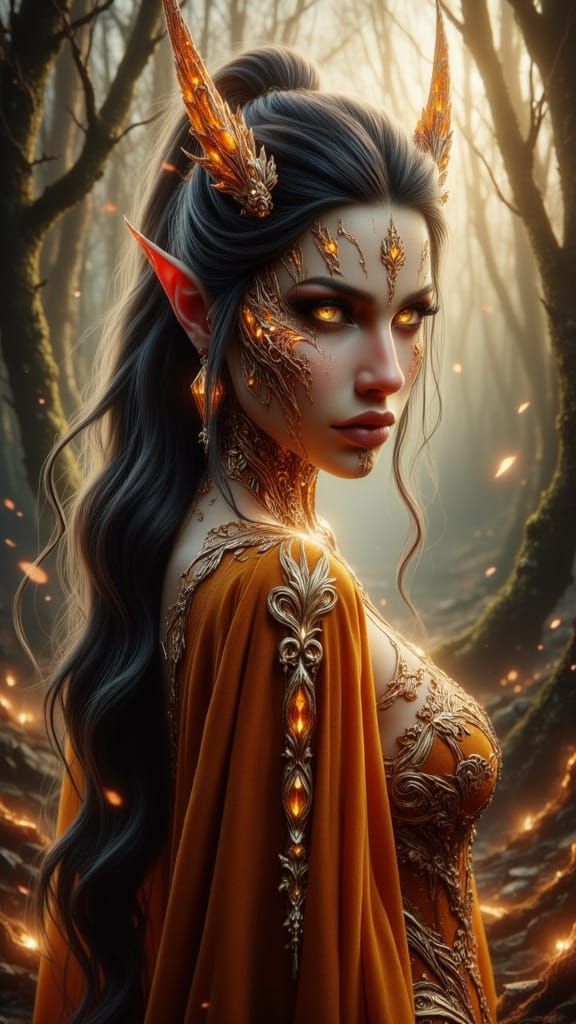 Regal Queen Elf in Burnt-Orange Velvet Garb