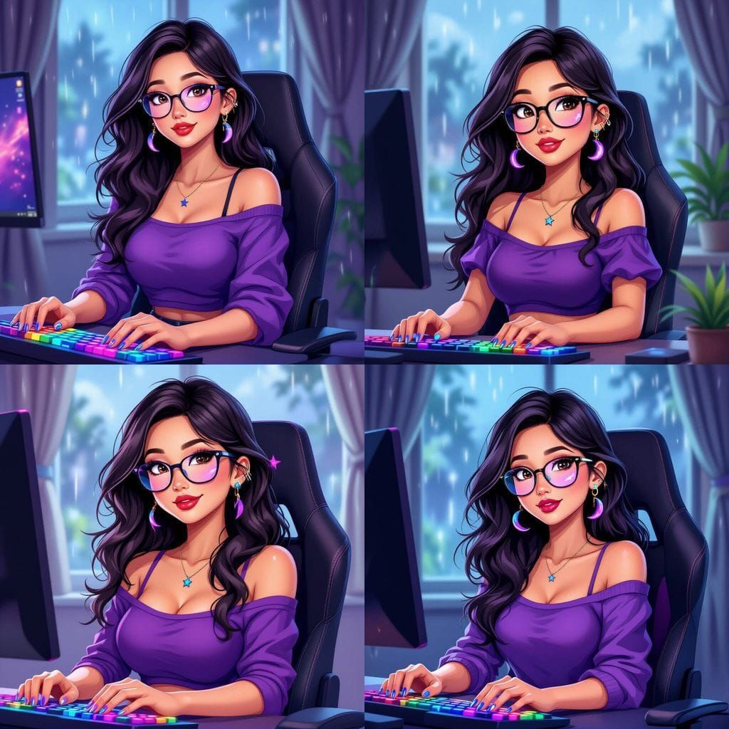 Animated Asian Woman Typing at Computer on Rainy Day
