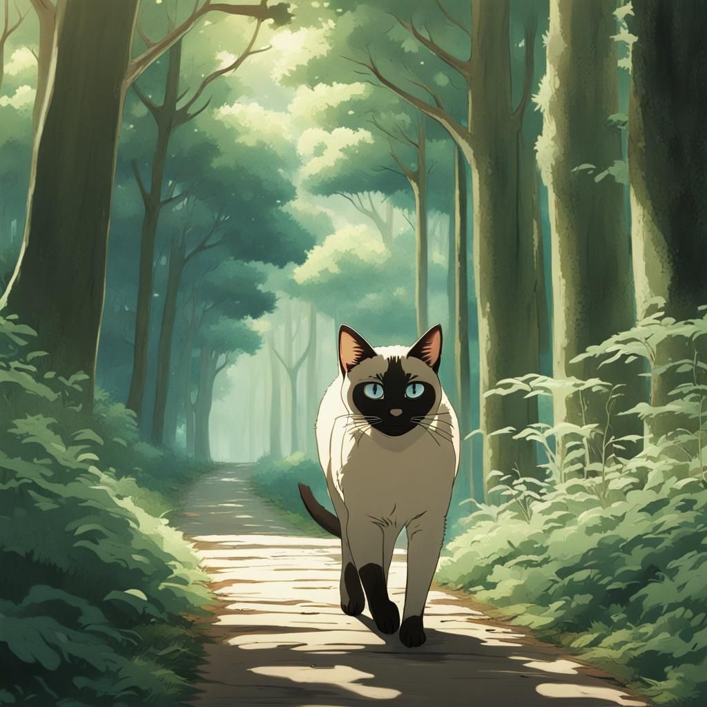 Siamese Cat in Forest: Studio Ghibli Anime Visual
