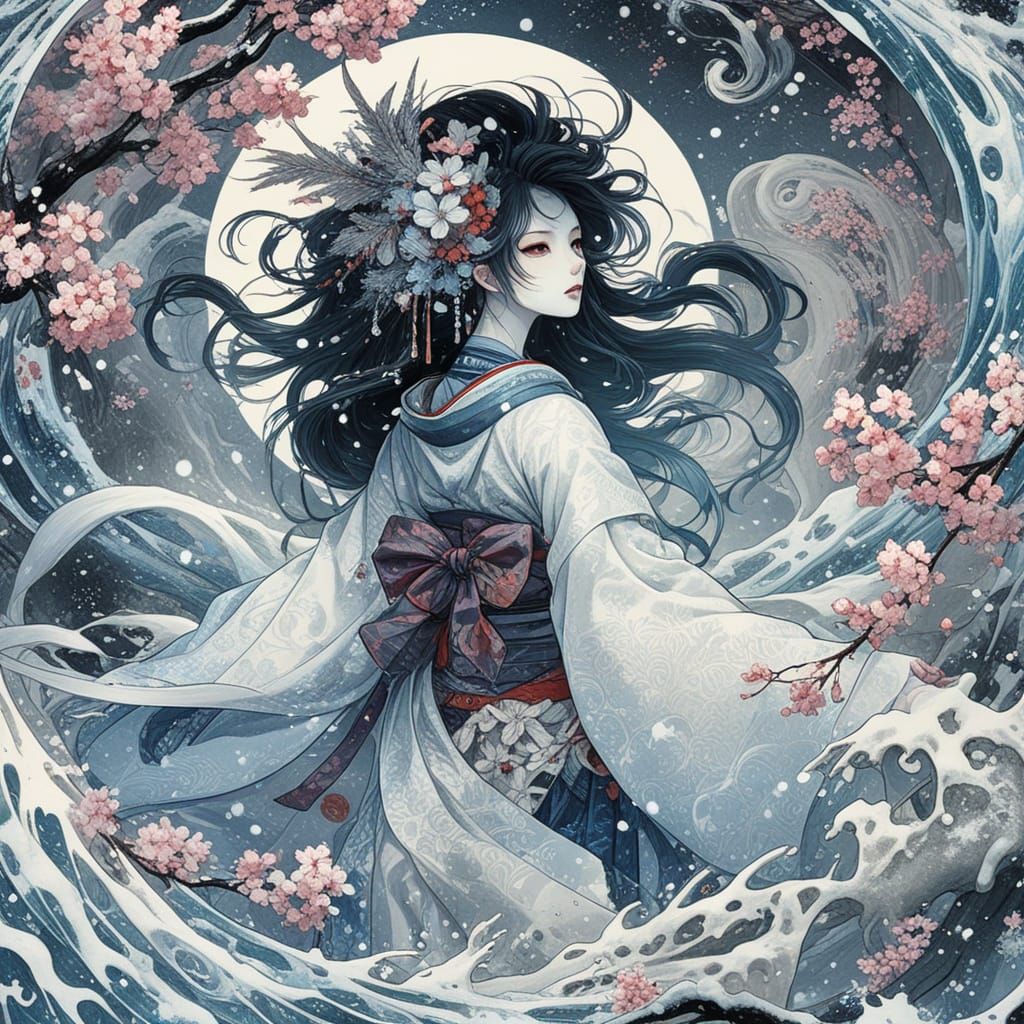Spectral Japanese Snow Maiden in Ethereal Beauty