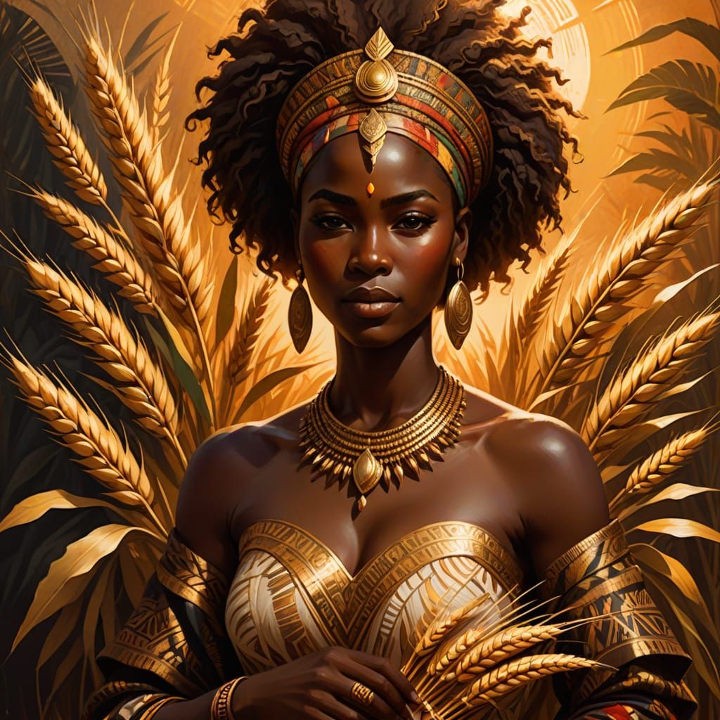 African Fertility Goddess in Vibrant Oil Painting