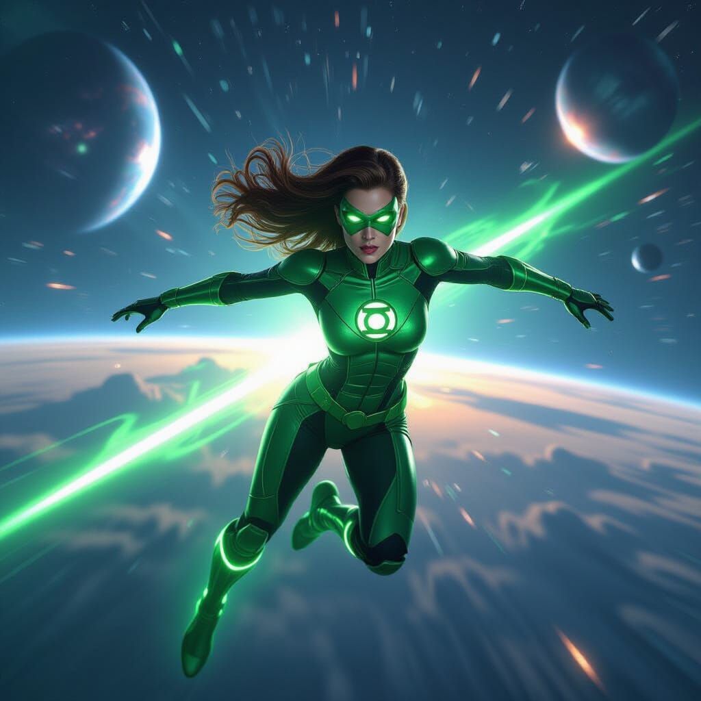 Cyberpunk Green Lantern Soars Through Cosmic Space
