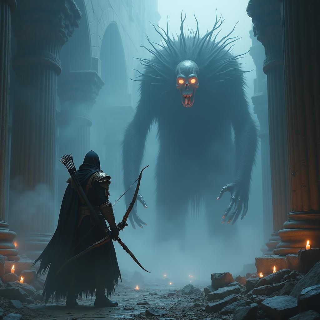 Armored Assassin Battles Ghostly Monster in Ethereal Ruins