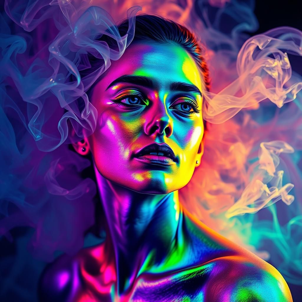 Iridescent Woman in Rainbow Smoke, Dark Fantasy Art