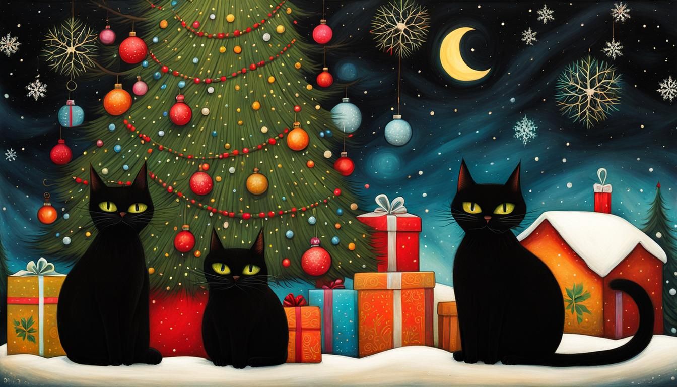 2 Black Cats Sit Peacefully Beside a Vibrant Christmas Tree