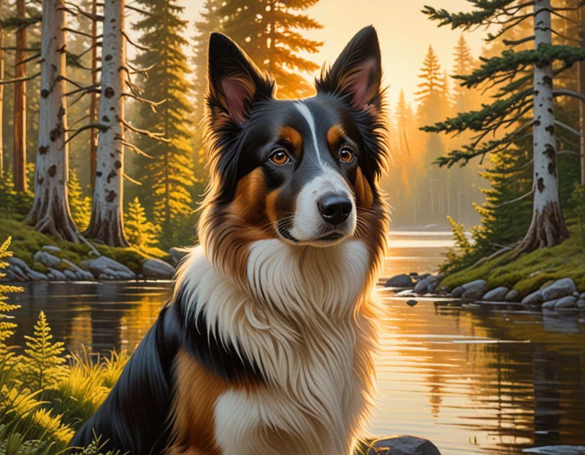 Border Collie in Forest as Renaissance Painting