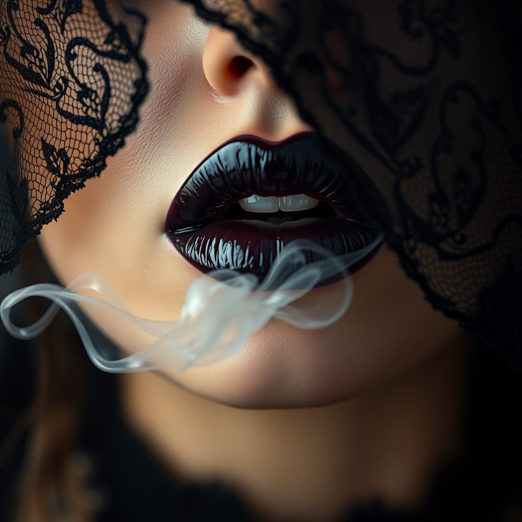 Close-up shot. A woman's glossy obsidian lips are partially veiled in sheer black lace. Only her lips and faint jawline ...