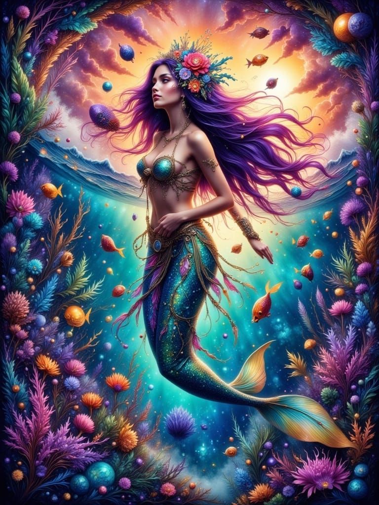 Fantasy Mermaid in Ocean with Graffiti Elements