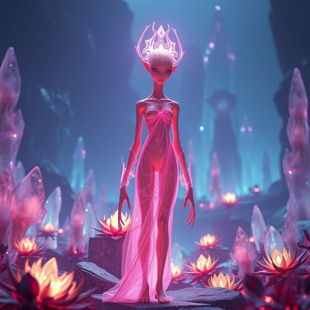 Ethereal Alien Guide in Vibrant Pink Attire