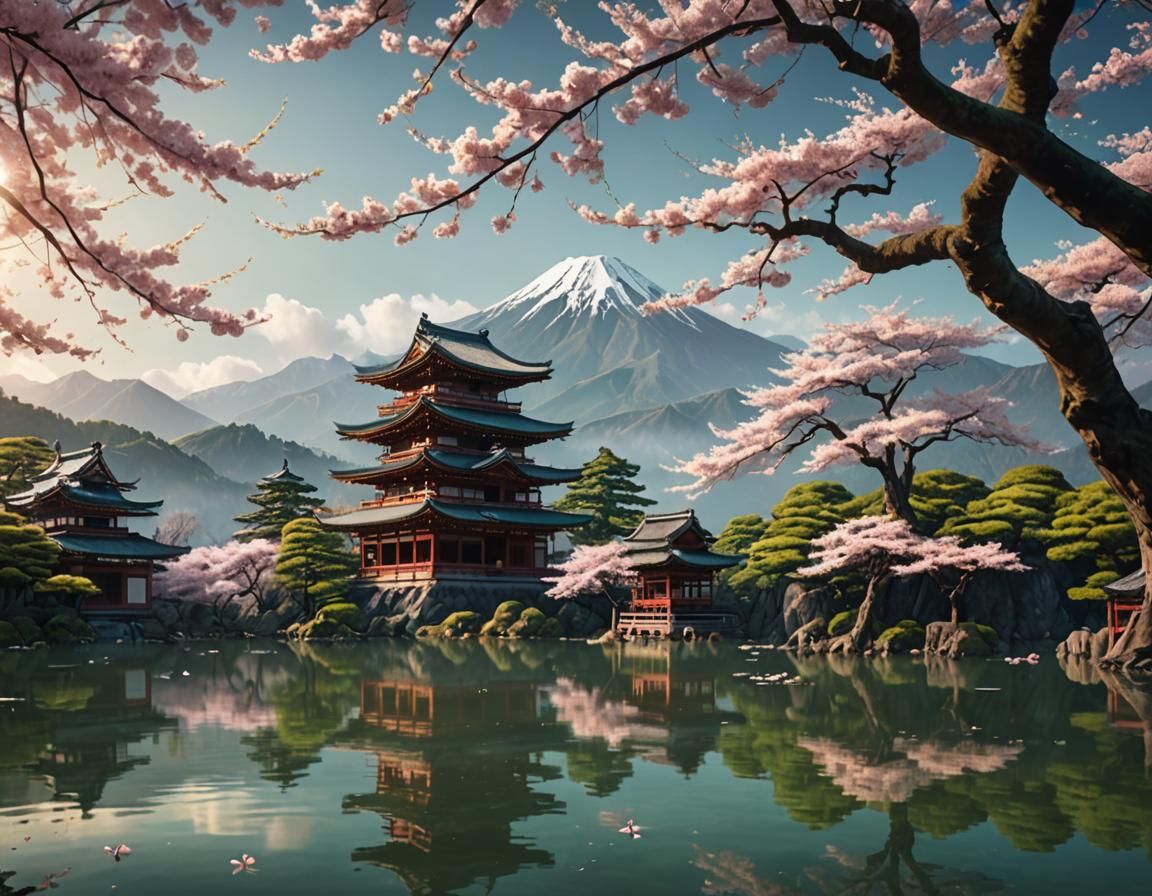 Serene Japanese Landscape with Sakura Tree