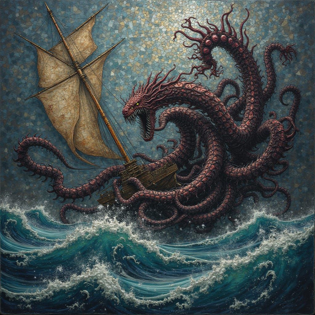 Kraken Attacks Ship in Mosaic Fractal Style