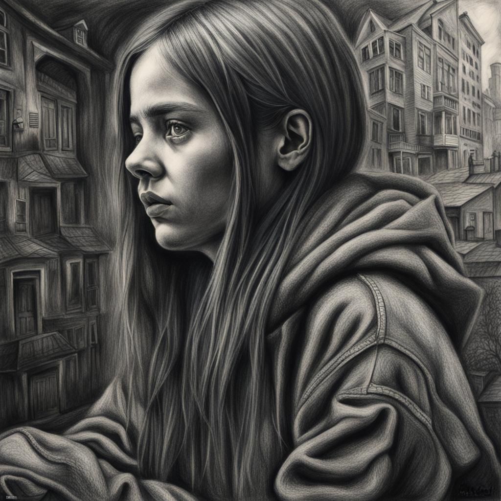 Hyperdetailed Charcoal Drawing of Girl with Mental Illness