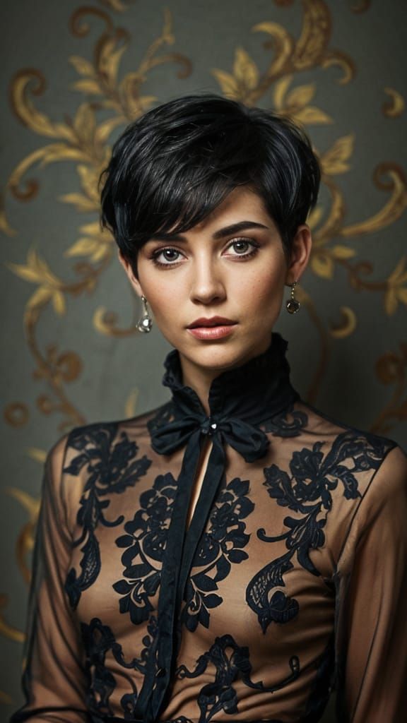 Elegant Woman with Pixie Cut and Enigmatic Eyes