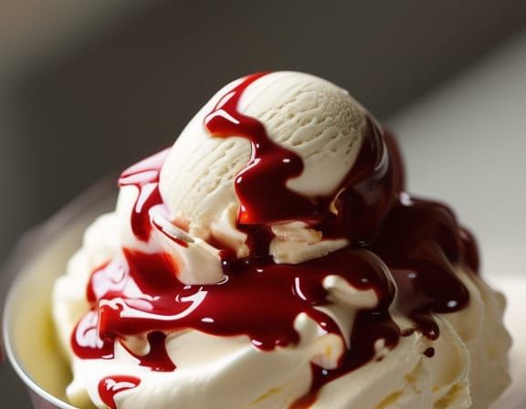Raspberry Sauce Drizzled Over Vanilla Ice Cream