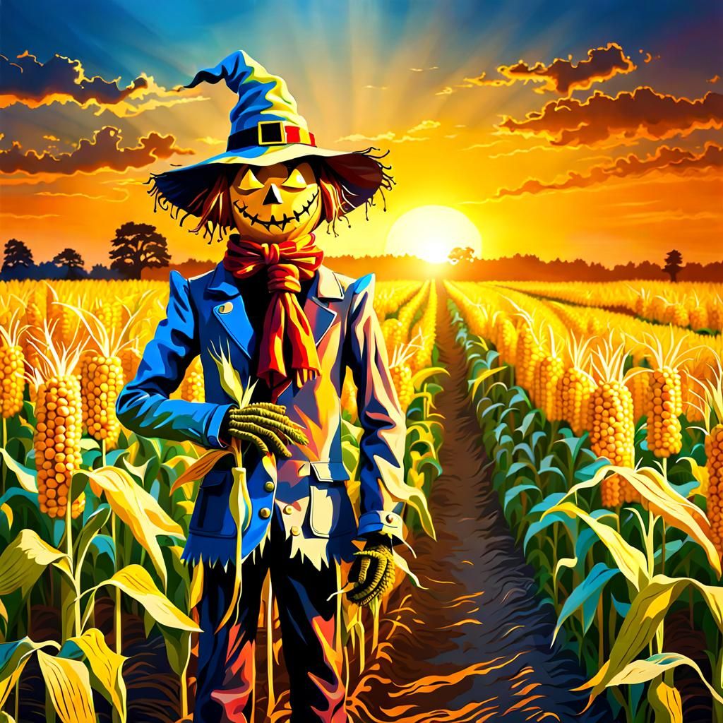 Surreal Yellow Sunset Over Funky Scarecrow Cornfield