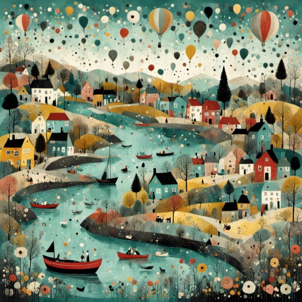 Whimsical Boating Lake in Naive Folk Art Style