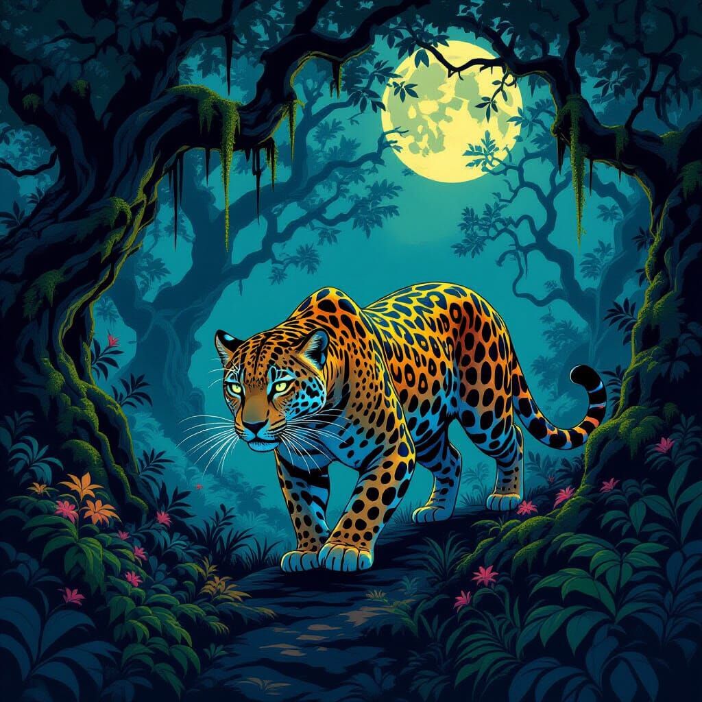 Leopard with Glowing Markings in Mystical Forest