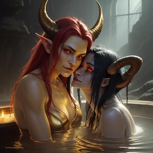 Tiefling Girl in Bathhouse: Hyperrealistic Digital Painting